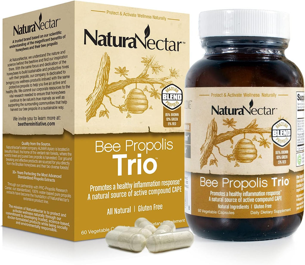 NaturaNectar Trio Bee Propolis | NSF Contents Certified | Premium Brazilian Propolis | Ethical Beekeeping & Naturally Sourced | 60 capsules