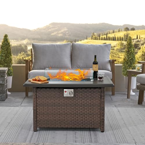 SUNSITT Outdoor Fire Pit Table 43 Inch Wicker Propane with Aluminum Tabletop, Taupe F2263