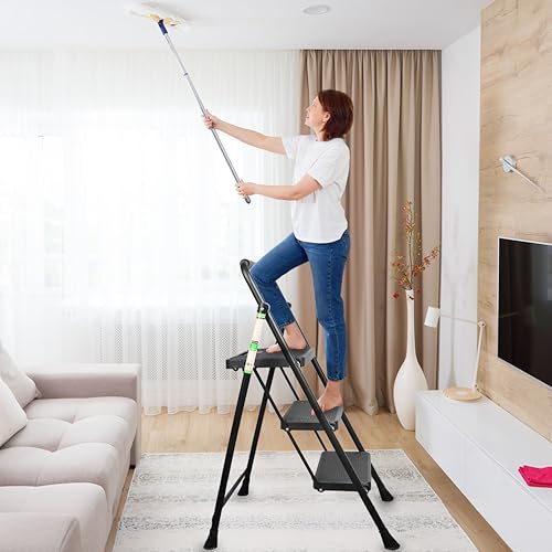 3 Step Ladder, Portable Steel Folding Stool with Anti-Slip Pedal, Black T5115