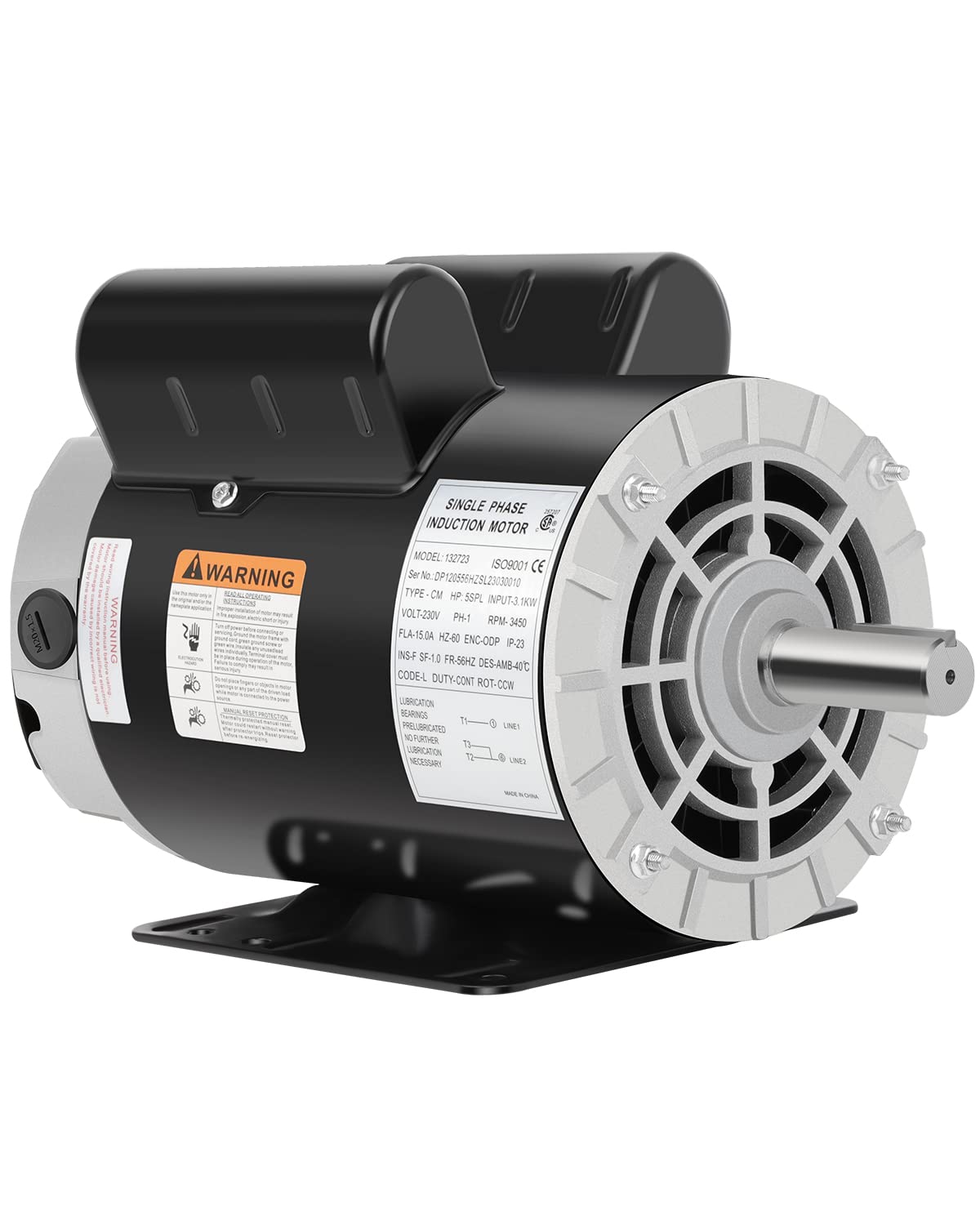 5 HP SPL Air Compressor Motor, 3450 RPM Electric Motor, 230V Single Phase Motor, 56HZ Frame 7/8" Keyed Shaft 60 Hz, Commercial-Duty CCW Rotation, 2.25" Shaft Length for Air Compressors