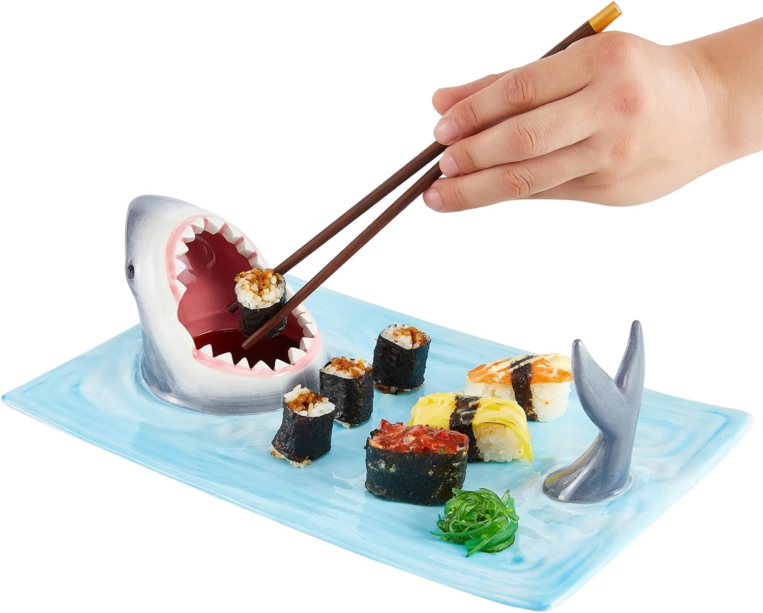 Shark Ceramic Sushi Plate Creative Shark Shaped Serving Platter Hand-Painted Food Serving Tray with Soy Sauce Bowl and Chopstick Holder Microwave/Oven/Dishwasher Safe Sushi Dishes