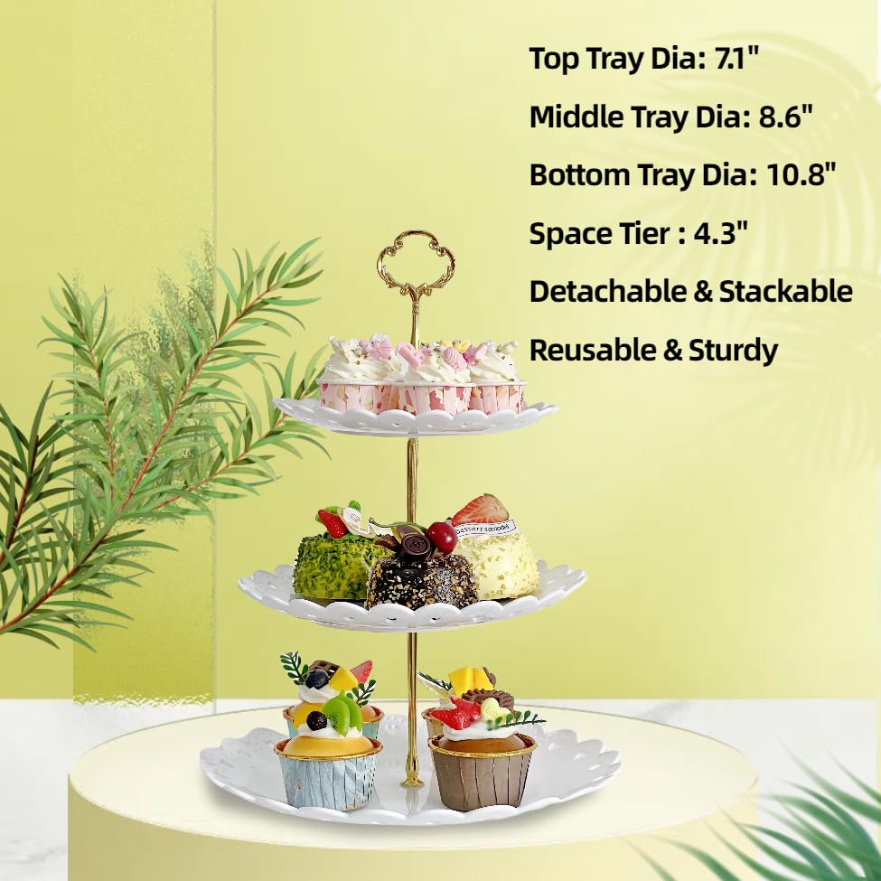 2 Pack 3 Tier Dessert Cupcake Stand, Round & Square Plastic Serving Tray, White X291013