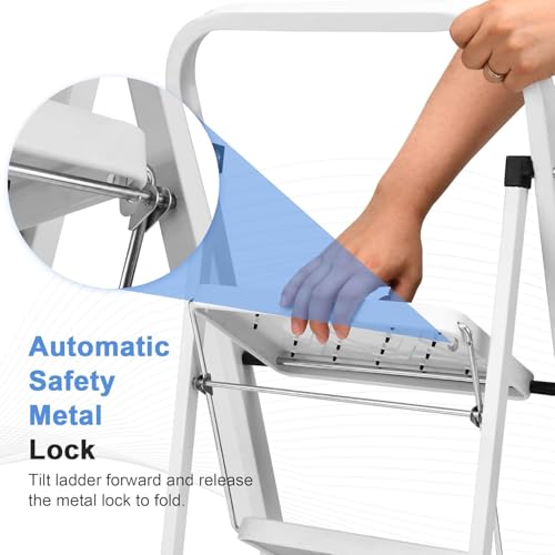 Soctone 2 Step Folding Ladder with Anti-Slip Pedal and Handrails, White V202