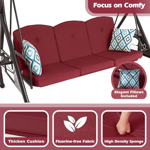 800LBS Patio Swing with Canopy 3 Seat Outdoor Porch Swing with Stand, Cup Holder & Pillow (Green) O887