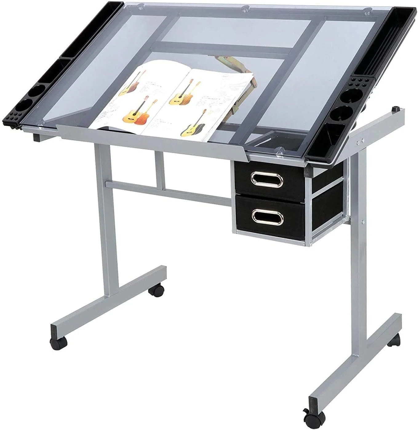 KHBIULIFE Adjustable Drafting Table with Tempered Glass Top and 2 Drawers R8017