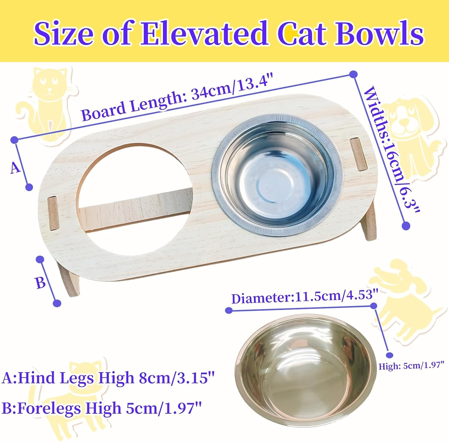 Elevated Cat Bowls with Wood Stand, 15° Tilted Stainless Steel Pet Feeder E85787