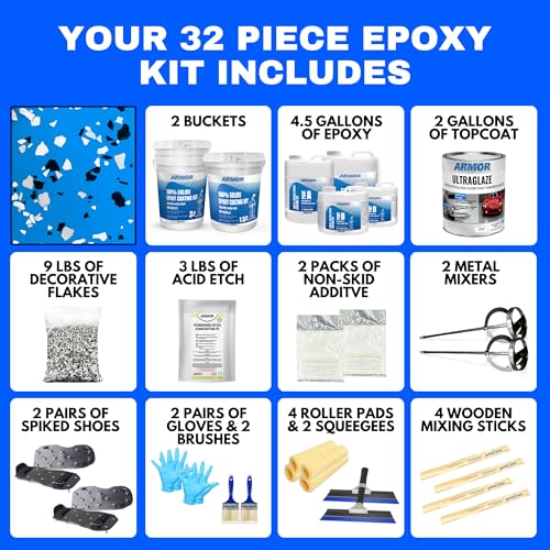 Garage Epoxy Floor Kit 100% Solids 2 Part Coating with UltraGlaze Topcoat, Blue, 300 Sq Ft G29167