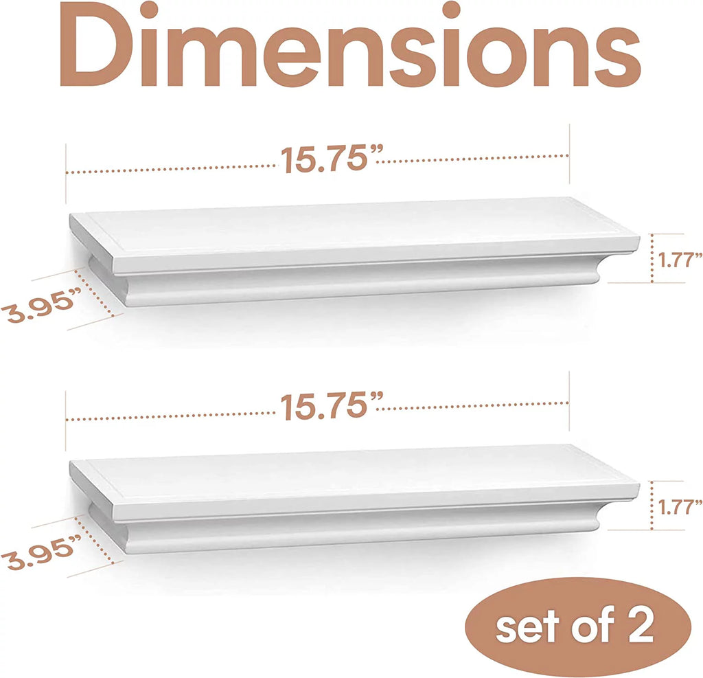 Set of 2 White Floating Wall Shelves for Bedroom, Bathroom, Living Room, and Kitchen S615