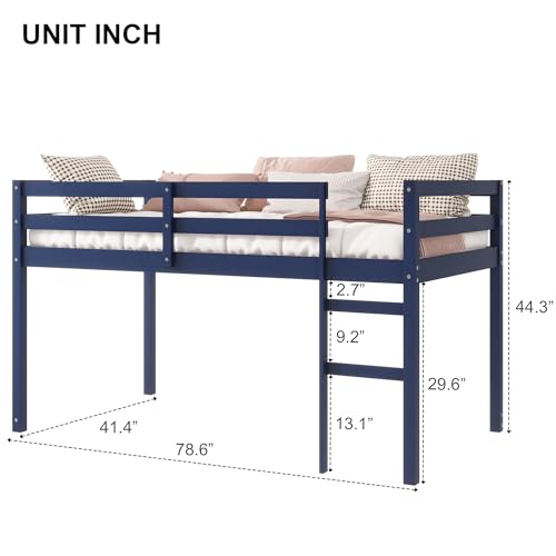 Twin Size Low Loft Bed with Ladder and Safety Guardrail, Solid Wood, White D5235