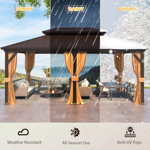 YOLENY 10' x 12' Hardtop Gazebo with Galvanized Steel Double Roof, Netting and Curtains Y84317