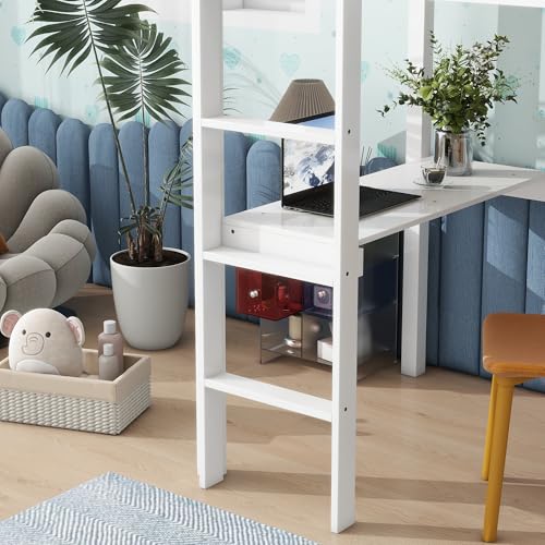 Twin Size Low Loft Bed with Ladder and Safety Guardrail, Solid Wood, White D5235
