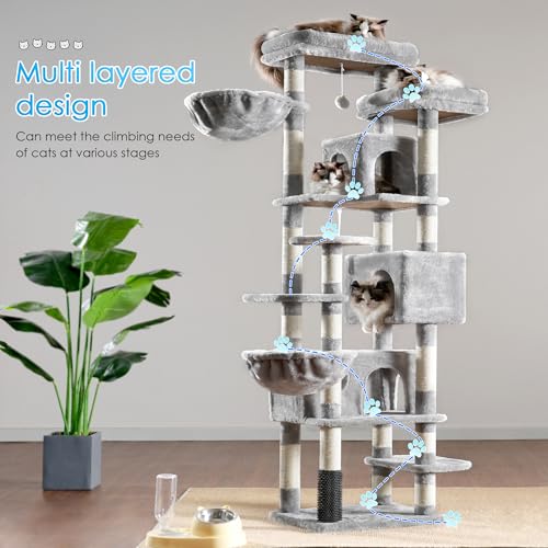 Hey-brother Cat Tree 74 inches Multi-Level XL Cat Tower for Indoor Cats, Light Gray X944591