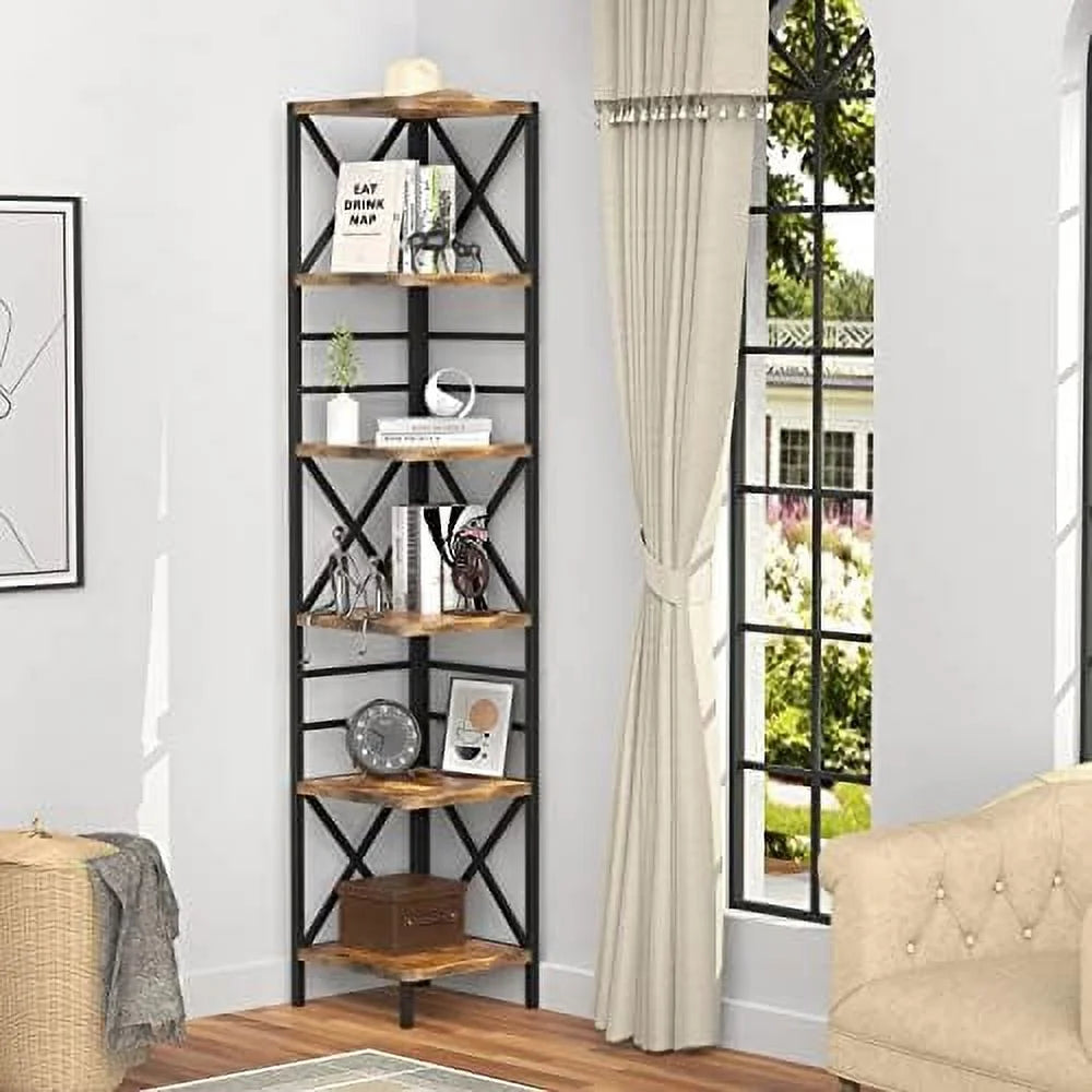 HOOMHIBIU Corner Bookshelf 6-Tier Farmhouse Bookcase, Rustic Brown J349