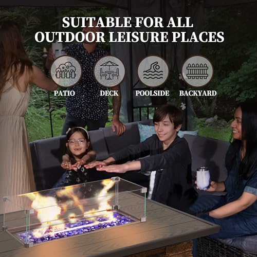 43" Propane Fire Pit Table Outdoor Rectangular Stone with Glass Wind Guard O259531