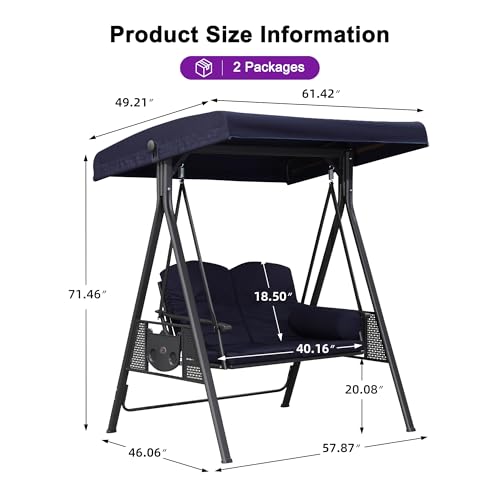 PURPLE LEAF Outdoor Patio Porch Swing with Adjustable Canopy, 3-Seat Bench, Grey W393