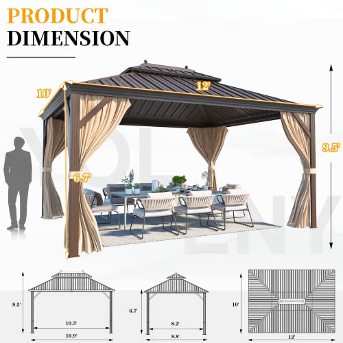 YOLENY 10' x 12' Hardtop Gazebo with Galvanized Steel Double Roof, Netting and Curtains Y84317