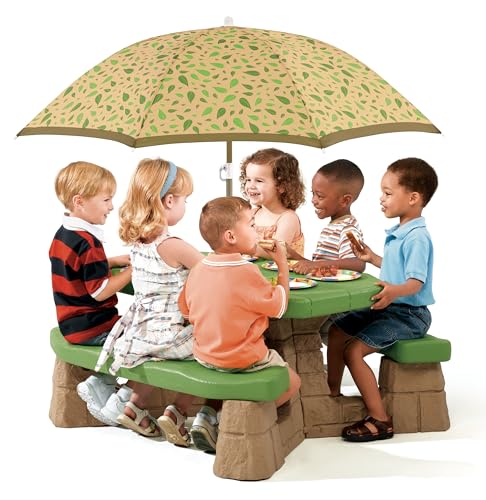 Step2 Naturally Playful Kids Picnic Table with Umbrella, Indoor/Outdoor, Blue & Green A12222