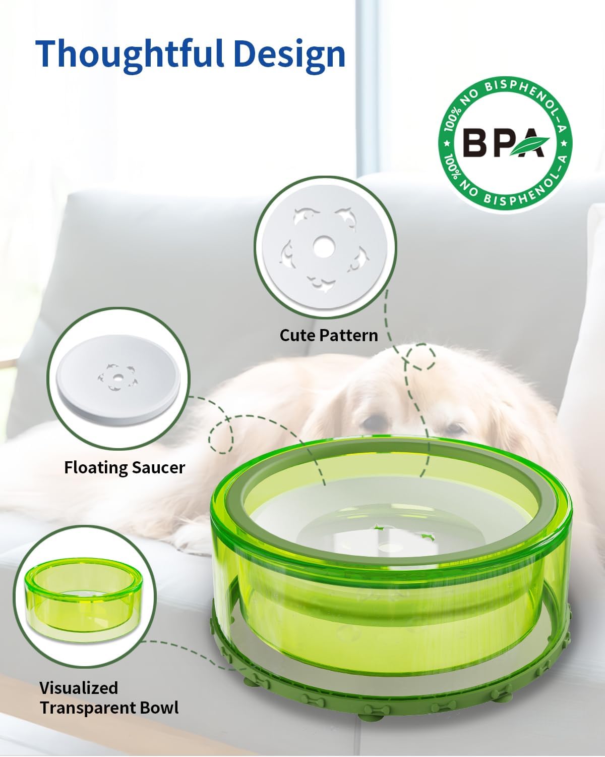 Dog Water Bowl No Spill Slow Feeder Large 2L with Silicone Suction Cup Green V925