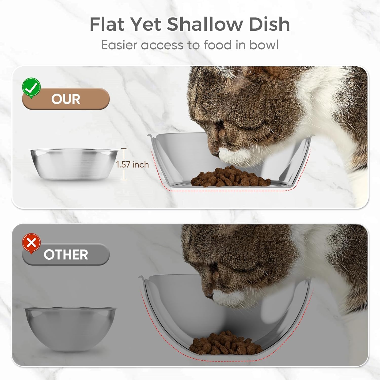 Raised Cat Food and Water Bowl Set with Stainless Steel Stand, 15° Tilted, Double Metal Bowls B6901