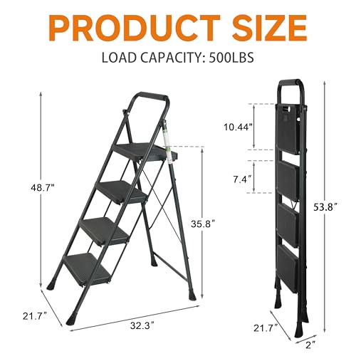 3 Step Ladder, Portable Steel Folding Stool with Anti-Slip Pedal, Black T5115
