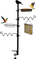 Deck Bird Feeder Station Kit Deck Bird Bath Hook Bird Feeding Pole, Steel Multi Bird Feeder Railing Hanging Kit, Bird Feeder Stand Porch Planter Hanger for Attracting Wild Birds(Black)