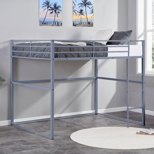 Metal Loft Bed Frame Twin Size with Safety Guard Rails & Built-in Ladder, Black C7852