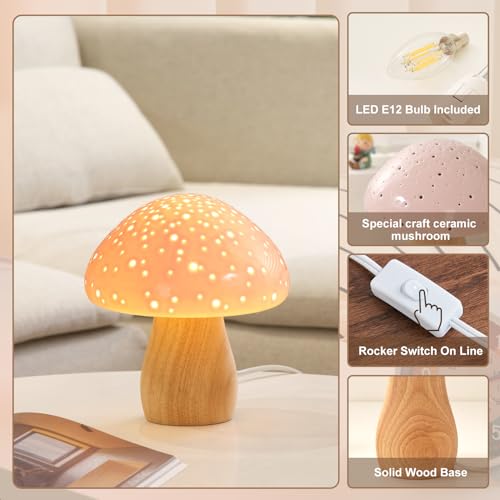 BOHON Mushroom Lamp, Ceramic Bedside Nightstand Light, Pink, LED Bulb Included T88188