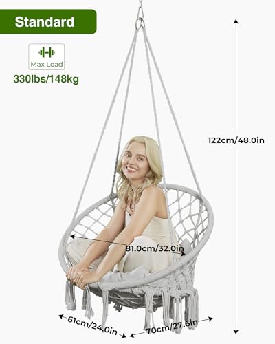 Greenstell Hammock Chair, Macrame Swing Chair with Cushion, Indoor & Outdoor, Beige G7957