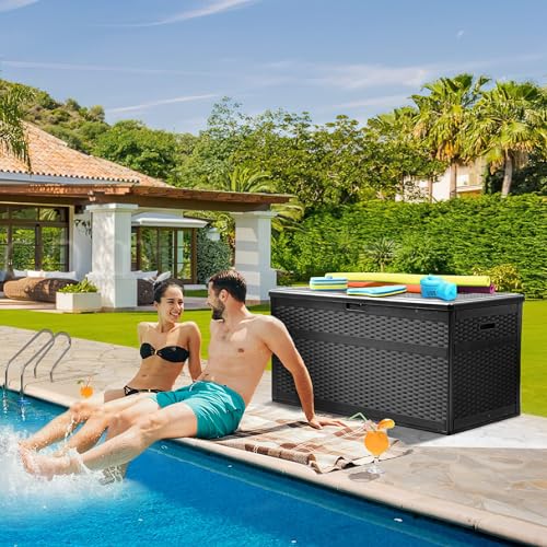 YITAHOME XXL 230 Gallon Deck Box, Double-Wall Resin Rattan Outdoor Storage, Lockable Waterproof (Gray) U617