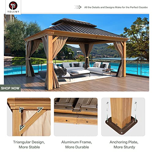 YOLENY 10' x 12' Hardtop Gazebo with Galvanized Steel Double Roof, Netting and Curtains Y84317