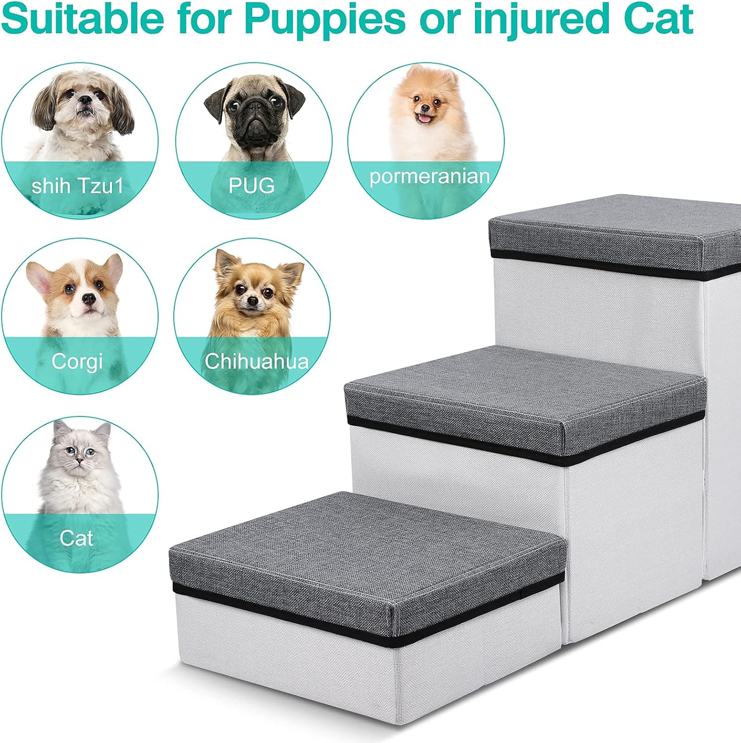 Folding Pet Stairs 3 Steps for Small to Medium Dogs and Cats, Grey Y624