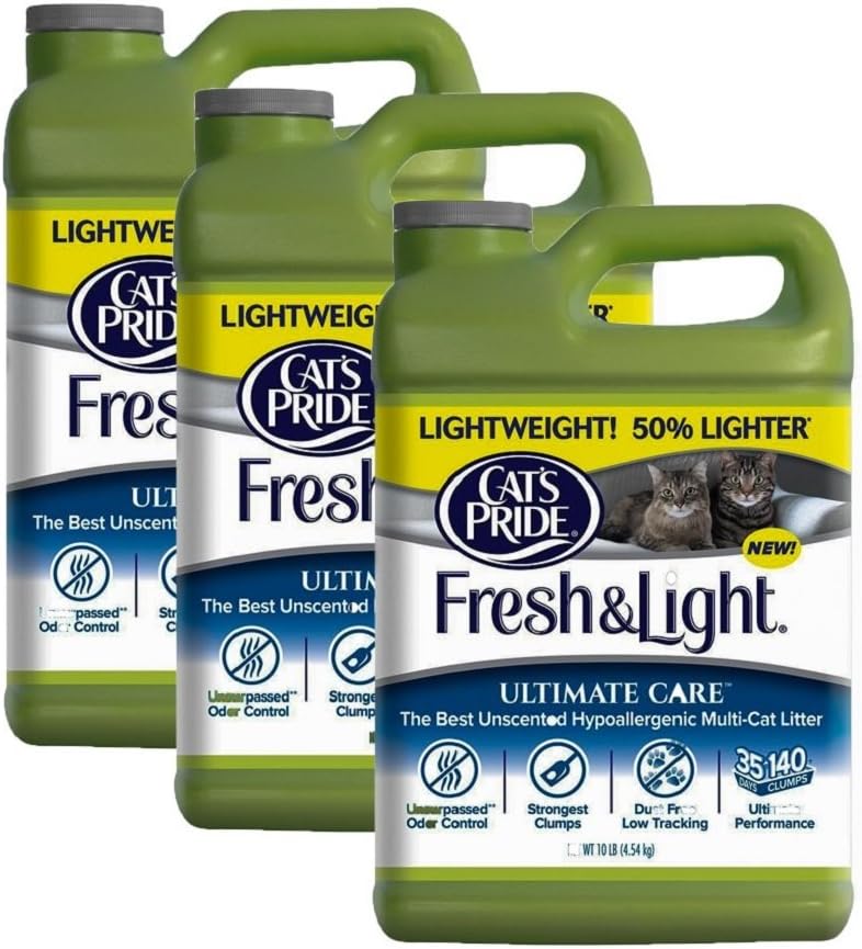 Cat's Pride Fresh and Light Ultimate Care Unscented Hypoallergenic Multi-Cat Litter, 10-Pound, Pack of 3