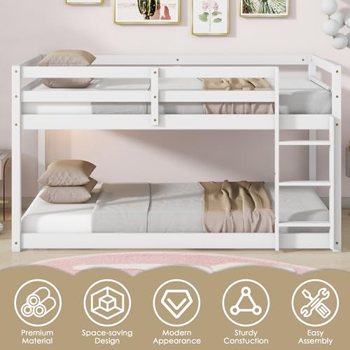 Twin Over Twin Wood Bunk Bed with Ladder and Guardrails for Kids P604