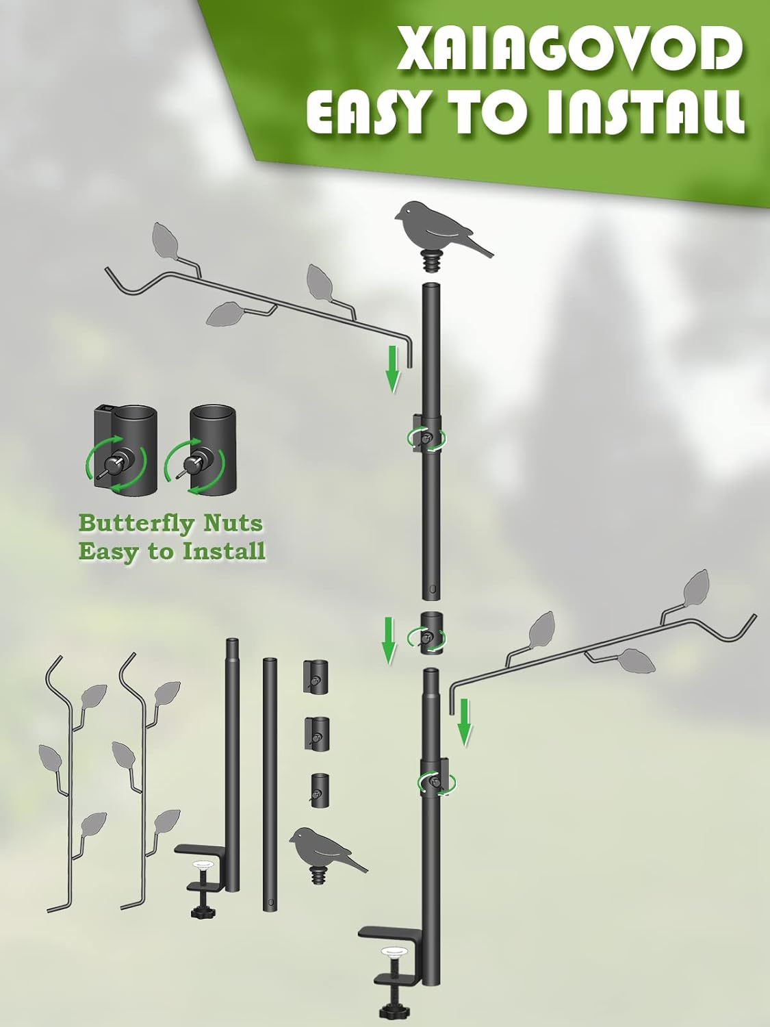 Deck Bird Feeder Pole with 2 Adjustable Branches for Porch Railing Balcony A537553