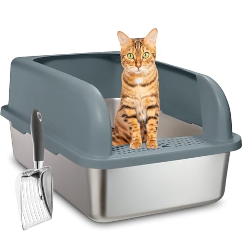 Upgraded Enclosed Stainless Steel Cat Litter Box, High Sided XXL Extra Large Litter Box for Big & Multiple Cats, Easy Cleaning High Wall Side Covered Litter Box with Scoop