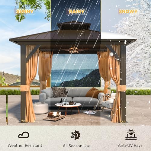 YOLENY 10' x 12' Hardtop Gazebo with Galvanized Steel Double Roof, Netting and Curtains Y84317