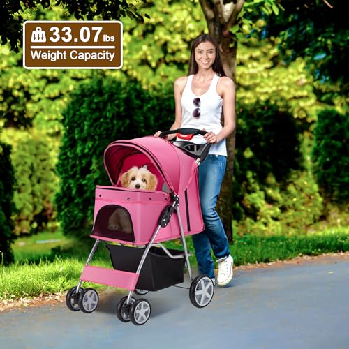 Pet Stroller 4 Wheels Folding Dog Cat Carrier with Storage Basket, Purple Y61406