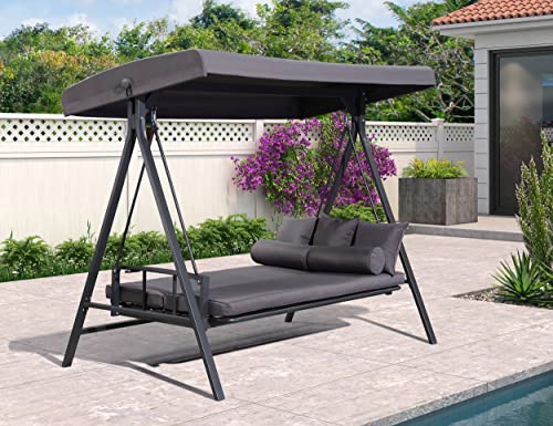 PURPLE LEAF Outdoor Patio Porch Swing with Adjustable Canopy, 3-Seat Bench, Grey W393