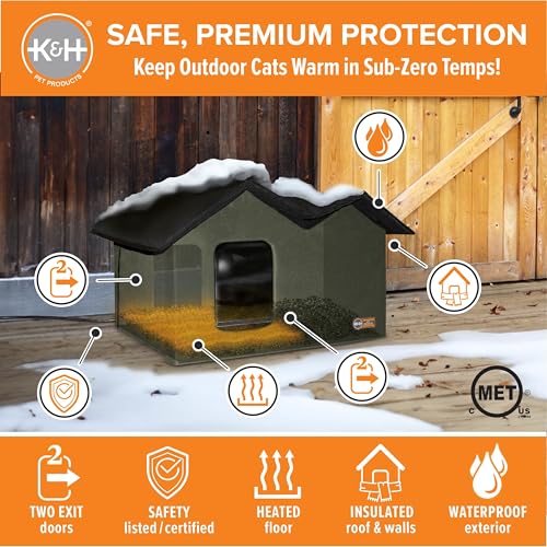 K&H Pet Products Extra-Wide Heated Outdoor Cat House, Weatherproof Insulated Shelter, 2 Doors, Olive G573