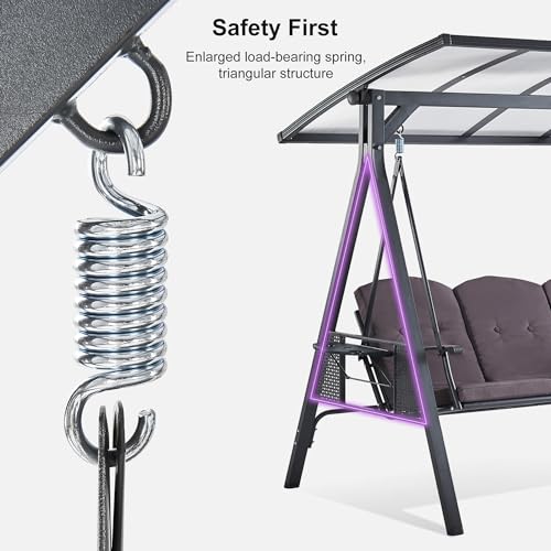 PURPLE LEAF Outdoor Patio Porch Swing with Adjustable Canopy, 3-Seat Bench, Grey W393
