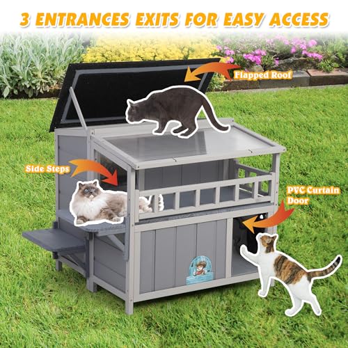 Outdoor Cat House 2-Tier Wood Shelter with Sunlight Roof, Gray J986