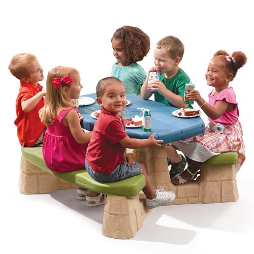 Step2 Naturally Playful Kids Picnic Table with Umbrella, Indoor/Outdoor, Blue & Green A12222