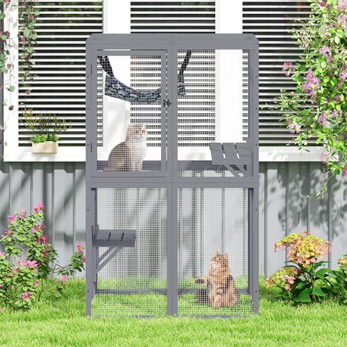 Wooden Catio Outdoor Cat Enclosure with Window Access (Black) D5959