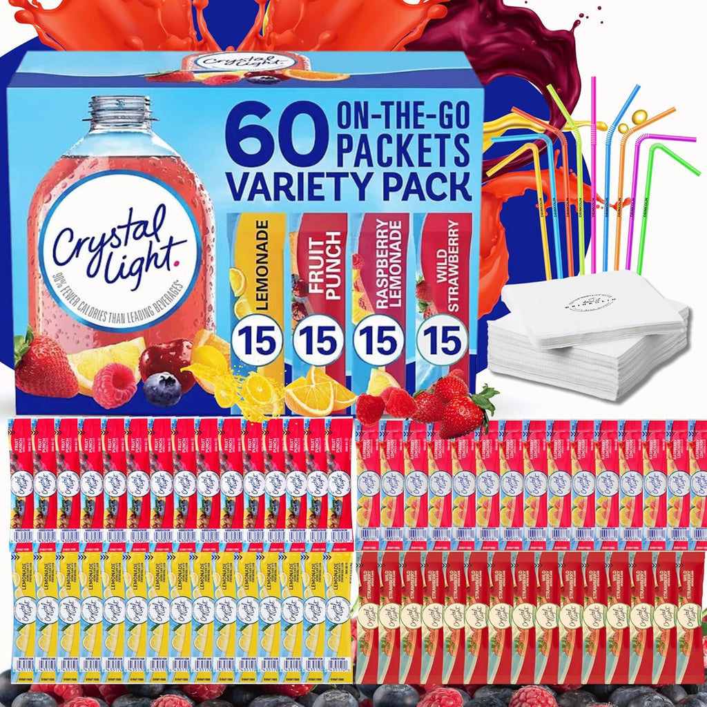 Crystal Light Packets Variety Pack 60 Flavored Drink Mix Packets. Fruit Punch, Raspberry Lemonade and Wild Strawberry Packets Sugar-Free Powdered Drink Mix with Drinkolin Straws - Fits 16.9 oz Bottles