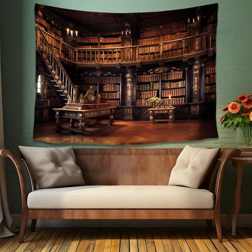QGHOT Medieval Bookshelf Tapestry Vintage Library Wall Hanging P36533
