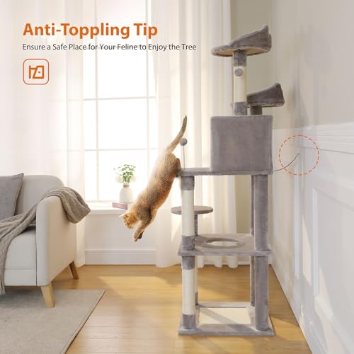 63'' Cat Tree Tower with Condo, Scratching Post, Grey D38106