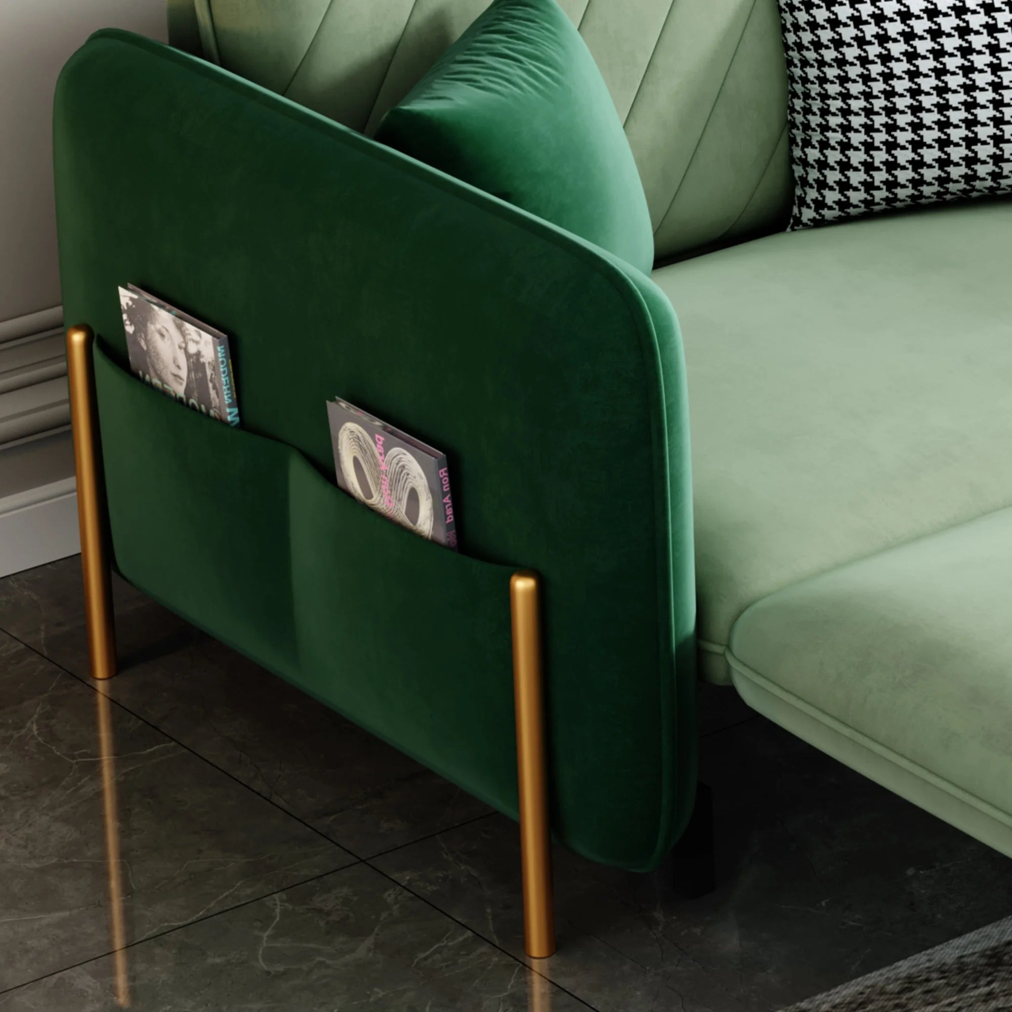Green Velvet Convertible Sofa Bed Sleeper with Pullout Bed S663779