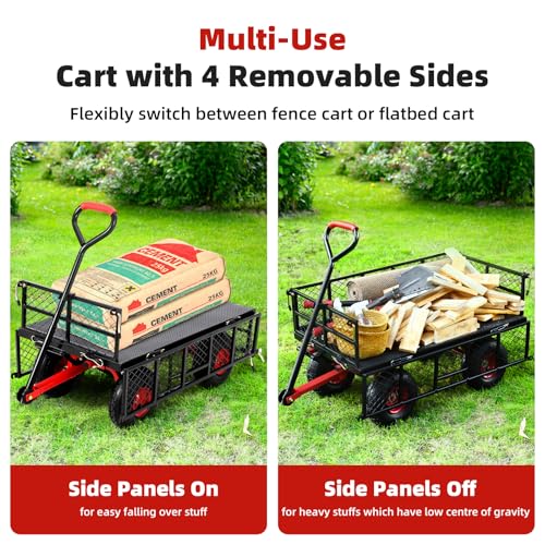Steel Garden Dump Cart 880lbs, Heavy Duty Utility Wagon with Removable Mesh Sides Q536