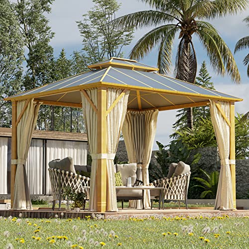 YOLENY 10' x 12' Hardtop Gazebo with Galvanized Steel Double Roof, Netting and Curtains Y84317