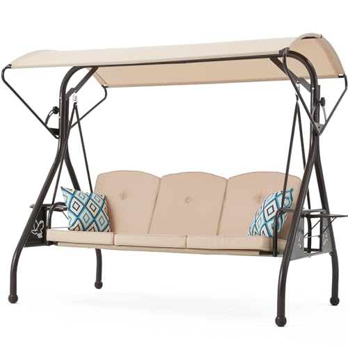 800LBS Patio Swing with Canopy 3 Seat Outdoor Porch Swing with Stand, Cup Holder & Pillow (Green) O887
